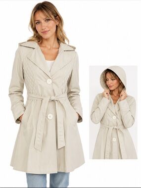 Smythe Cream Quilted Hooded Trench Coat Belted Jacket Size 6 Canada